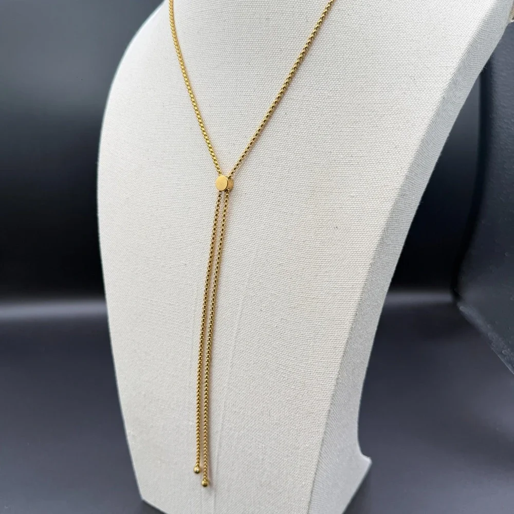 Gold Tone Adjustable Bolo Lariat Necklace Box Chain Tassel Minimalist Jewelry